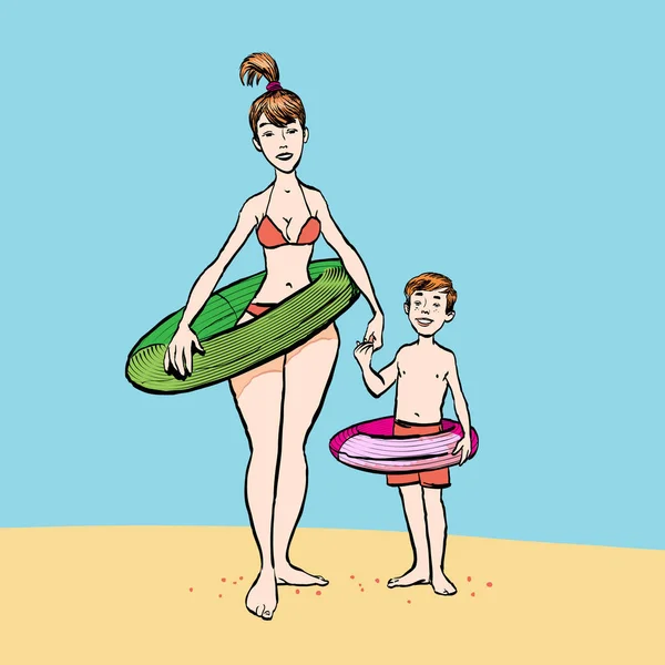 Mãe com o filho a andar numa praia. Mãe e filho com círculo de natação —  Vetores de Stock