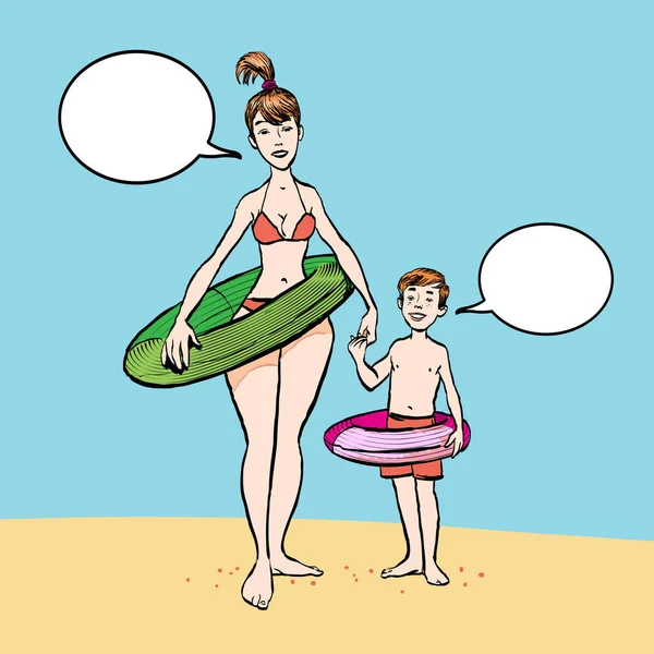 Mãe com o filho a andar numa praia. Mãe e filho com círculo de natação —  Vetores de Stock