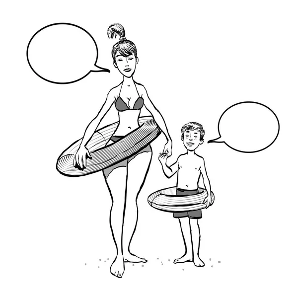 Mère avec son fils marchant sur une plage. Mère et fils avec cercle de natation — Image vectorielle
