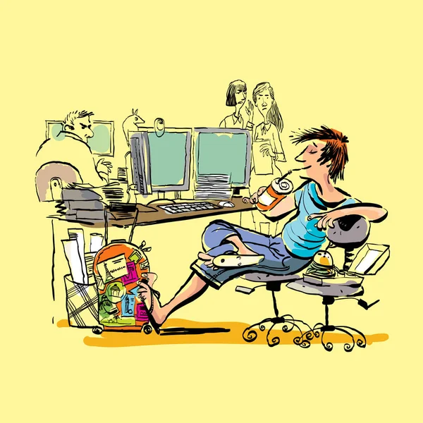 A teenager at work laughs at rebukes and attacks of his angry colleges. Lazy teen at work. — Stock Vector