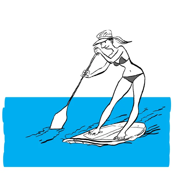 Donna che fa Stand Up Paddling su Paddle Board in acqua al mare . — Vettoriale Stock