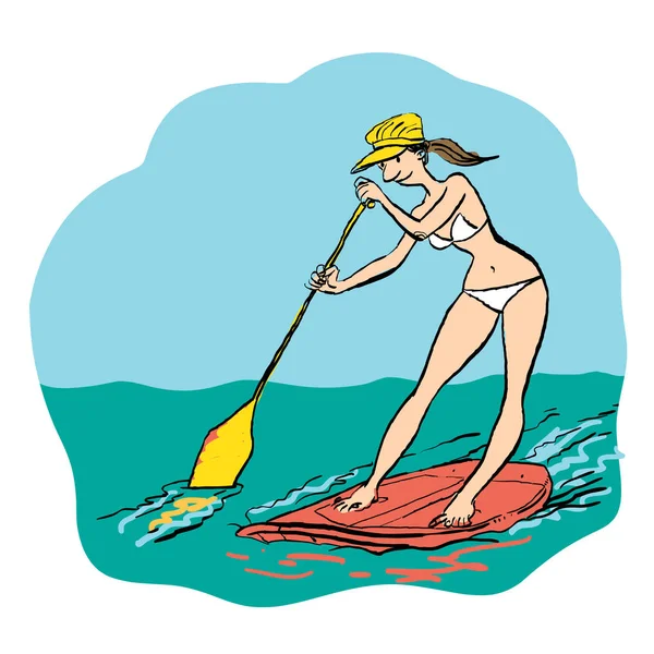 Woman doing Stand Up Paddling on Paddle Board on Water at Seaside. — Stock Vector