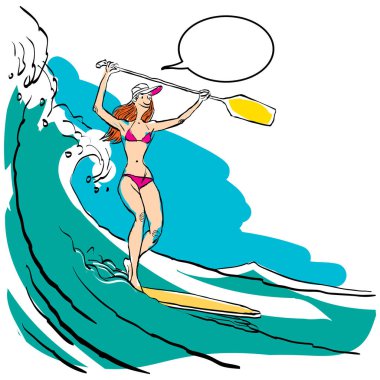 Kadının Stand Up kürek çekmeye sahil su üzerinde kürek gemide yapması.