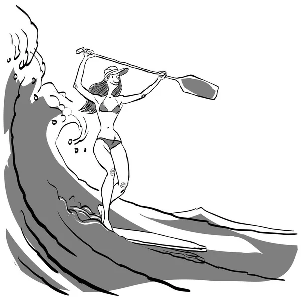 Donna che fa Stand Up Paddling su Paddle Board in acqua al mare . — Vettoriale Stock
