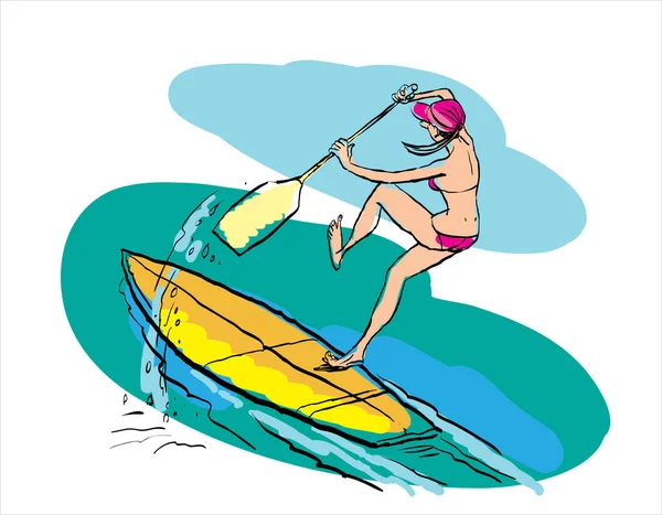 Mulher fazendo Stand Up Paddling em Paddle Board na água no litoral . —  Vetores de Stock