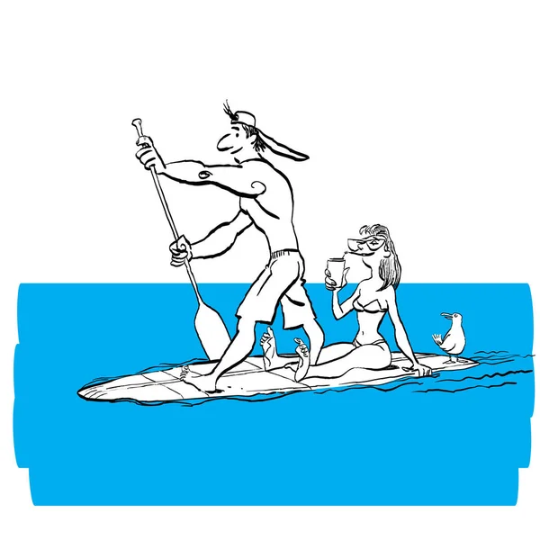 Casal fazendo Stand Up Paddling na placa de remo na água no litoral . —  Vetores de Stock