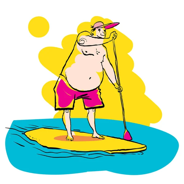 Fat man doing Stand Up Paddling on Paddle Board on Water at Seaside. — Stock Vector