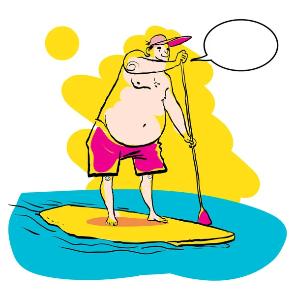 Grasso uomo che fa Stand Up Paddling su Paddle Board in acqua al mare . — Vettoriale Stock