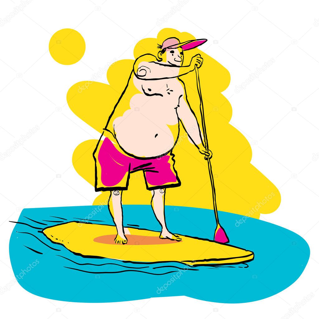 Fat man doing Stand Up Paddling on Paddle Board on Water at Seaside.