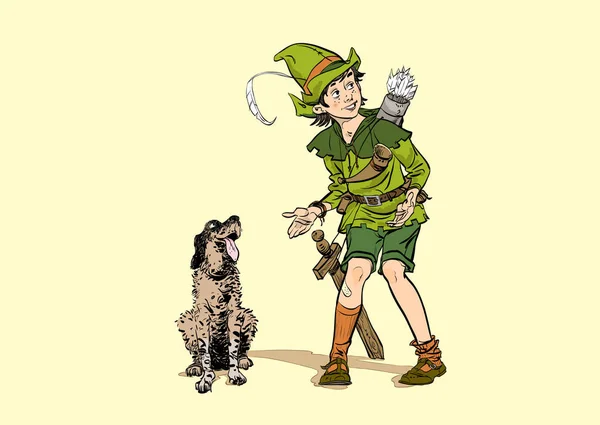 Little Robin Hood en een hond. Jongen en zijn hond. Robin Hood jeugd. Kind Robin Hood. Volgens middeleeuwse legenden. Helden van middeleeuwse legenden. — Stockvector