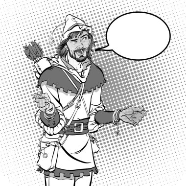 Robin Hood gülüyor. Robin Hood merak. Orta Çağ efsaneleri. Orta Çağ efsaneleri kahramanları. Noktalı resim arka plan.