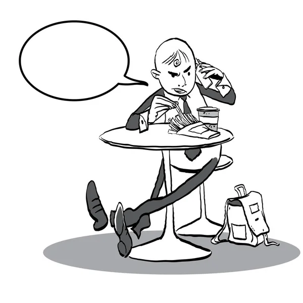 Seorang pria di kafe berbicara dengan telepon. Manusia memiliki percakapan marah - Stok Vektor