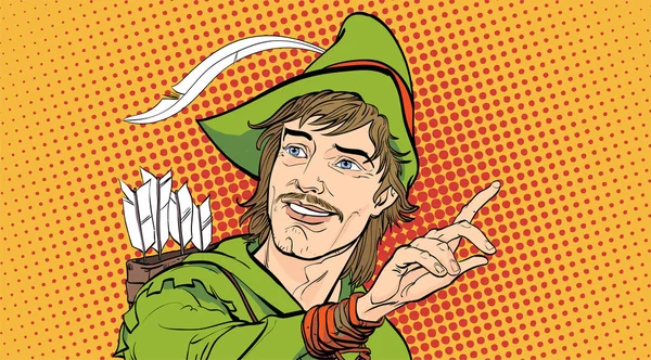 Robin Hood v klobouku s pérem. Ochránce slabé. Středověké legendy. Hrdinové středověkých legend. Polotónování pozadí. — Stockový vektor