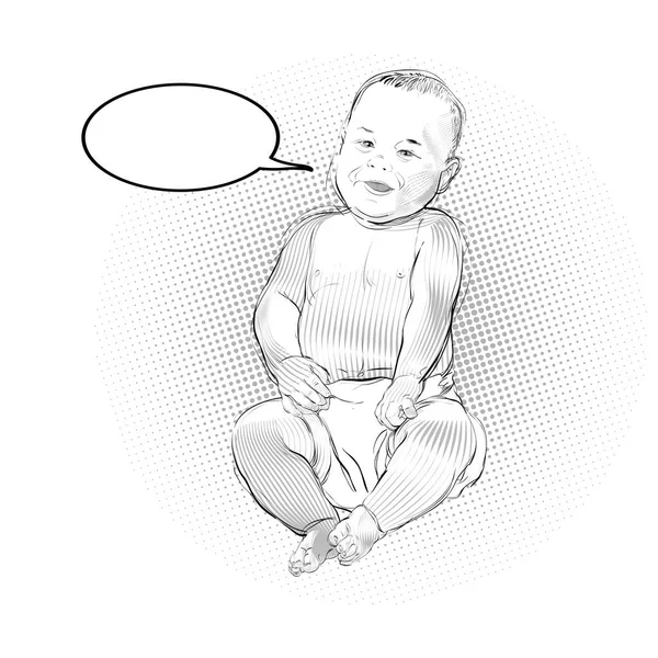 Doux petit garçon assis et souriant, isolé sur fond blanc . — Image vectorielle