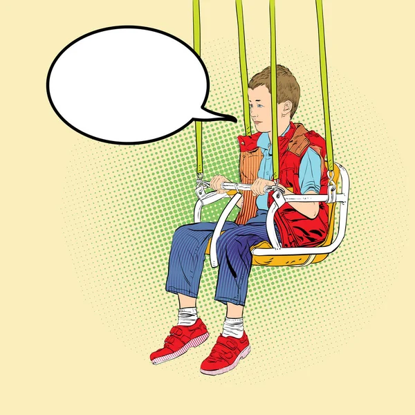 Boy has fun on the rides. Amusement park. Playground. Swinging on swing. — Stock Vector