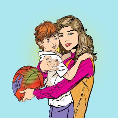 Onun oğulları kask güvenli bir sürüş için anne koyar. Anne oğlunu bir döngü çizilmiş resim binmek için öğretir. Bir kadın oğluyla bir motobike sürme karakter.