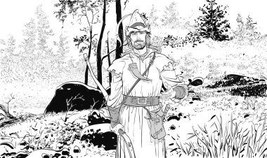 Robin Hood. Zayıf savunucusu. Orta Çağ efsaneleri. Orta Çağ efsaneleri kahramanları. Noktalı resim arka plan.
