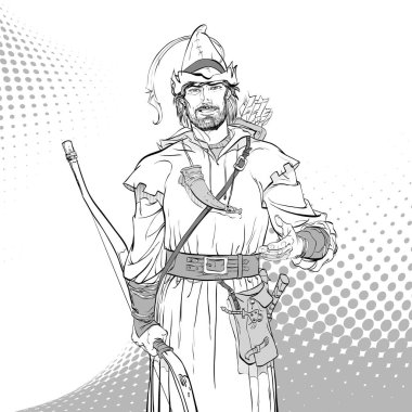 Robin Hood. Zayıf savunucusu. Orta Çağ efsaneleri. Orta Çağ efsaneleri kahramanları. Noktalı resim arka plan.