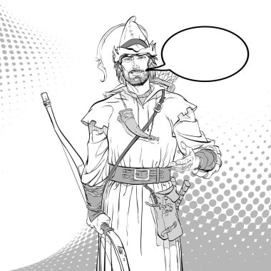 Robin Hood. Zayıf savunucusu. Orta Çağ efsaneleri. Orta Çağ efsaneleri kahramanları. Noktalı resim arka plan.
