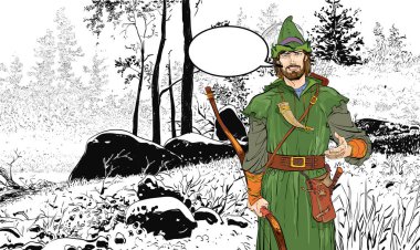 Robin Hood. Zayıf savunucusu. Orta Çağ efsaneleri. Orta Çağ efsaneleri kahramanları. Noktalı resim arka plan.