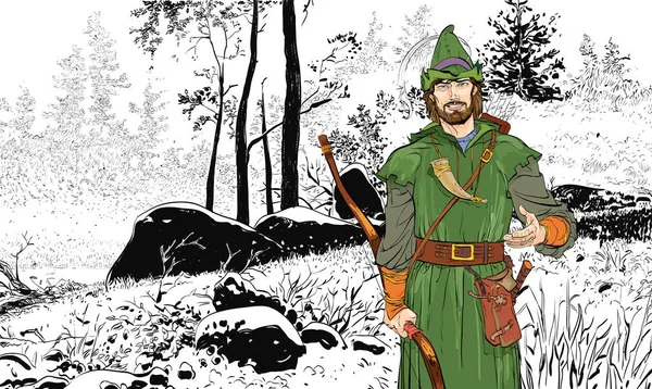 Robin Hood. Ochránce slabé. Středověké legendy. Hrdinové středověkých legend. Polotónování pozadí. — Stockový vektor