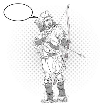Robin Hood tüy ile şapkalı. Zayıf savunucusu. Orta Çağ efsaneleri. Orta Çağ efsaneleri kahramanları. Noktalı resim arka plan.
