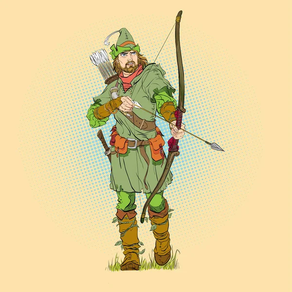 Robin Hood col cappello di piuma. Difensore dei deboli. Leggende medievali. Eroi delle leggende medievali. Mezzatinta sfondo . — Vettoriale Stock