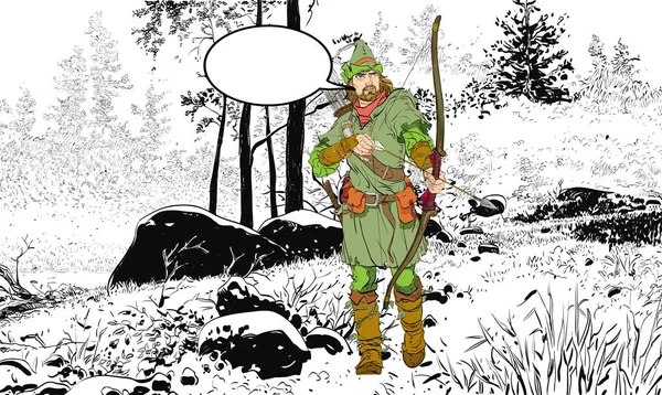 Robin Hood v klobouku s pérem. Ochránce slabé. Středověké legendy. Hrdinové středověkých legend. Polotónování pozadí. — Stockový vektor