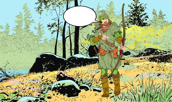 Robin Hood en un sombrero con plumas. Defensor de los débiles. Leyendas medievales. Héroes de leyendas medievales. Fondo de medio tono . — Archivo Imágenes Vectoriales