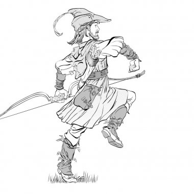 Yürüyen Robin Hood. Robin Hood tüylü bir şapkalı. Zayıfın savunucusu. Ortaçağ efsaneleri. Ortaçağ efsanelerinin kahramanları. Yarı ton arka plan.