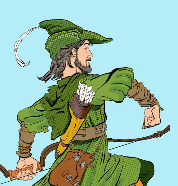 Pochodovat Robin Hood. Robin Hood v klobouku s perem. Obránce slabých. Středověké legendy. Hrdinové středověkých legend. Pozadí polotónování. — Stockový vektor