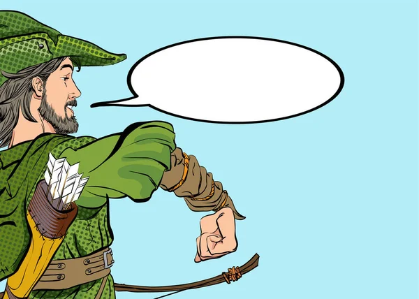 Marching Robin Hood. Robin Hood kalapban tollas. Védelmezője gyenge. Középkori legendák. Hősök a középkori legendák. Raszterrács háttere. — Stock Vector