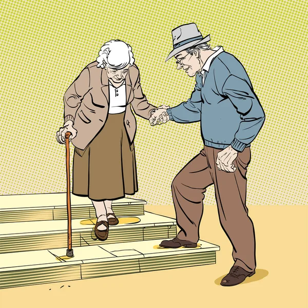 Viejo hombre y mujer de edad avanzada en gafas caminando juntos de brazo en brazo. Pareja de pelo gris envejecido . — Vector de stock