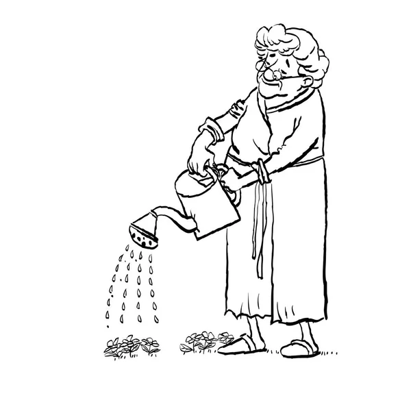 Großmutter gießt Blumen auf einem Blumenbeet in einem Garten. aktive Langlebigkeit — Stockvektor
