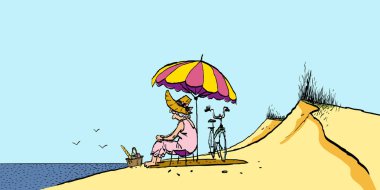 Büyükannem sahilde. plaj şemsiyesi. Büyükanne ve bisiklet. Aktif Uzun Ömür. Büyükanne plajda piknik.