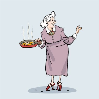 Yaşlı kadın yemek yapıyor. Bir tava tutan eski bir büyükanne Karikatür.