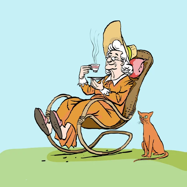 Alte Frau trinkt Tee in ihrem Schaukelstuhl. Katze und Oma. — Stockvektor