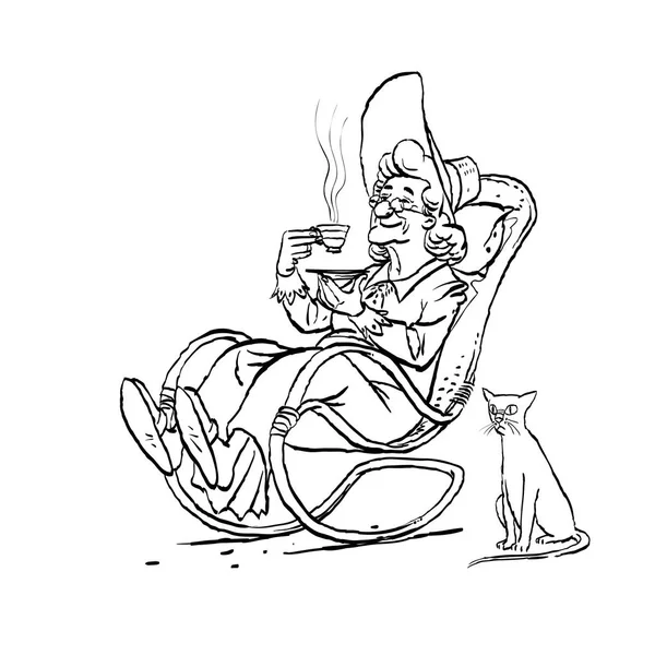 Старуха пьет чай в кресле-качалке. Кот и бабушка . Стоковый вектор