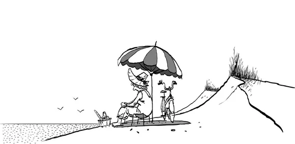 Бабушка на пляже. пляжный зонтик. Бабушка и велосипед. Активное долголетие. Пикник с бабушкой на пляже . Лицензионные Стоковые Иллюстрации