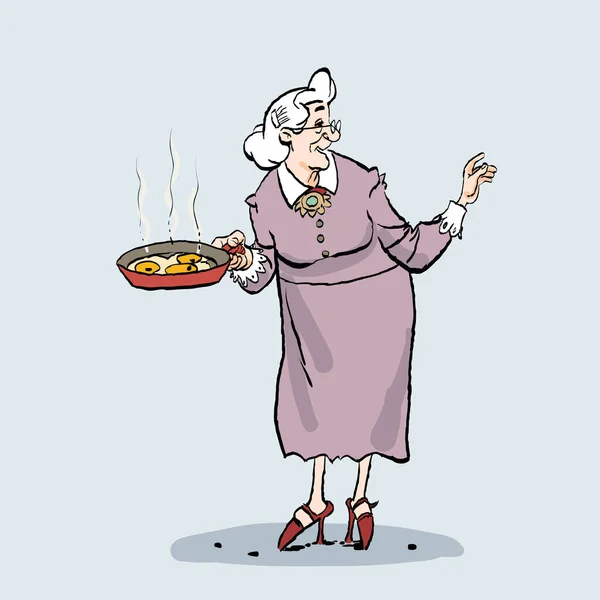 Old lady cooking. Cartoon of an old granny holding a pan. Vector Graphics