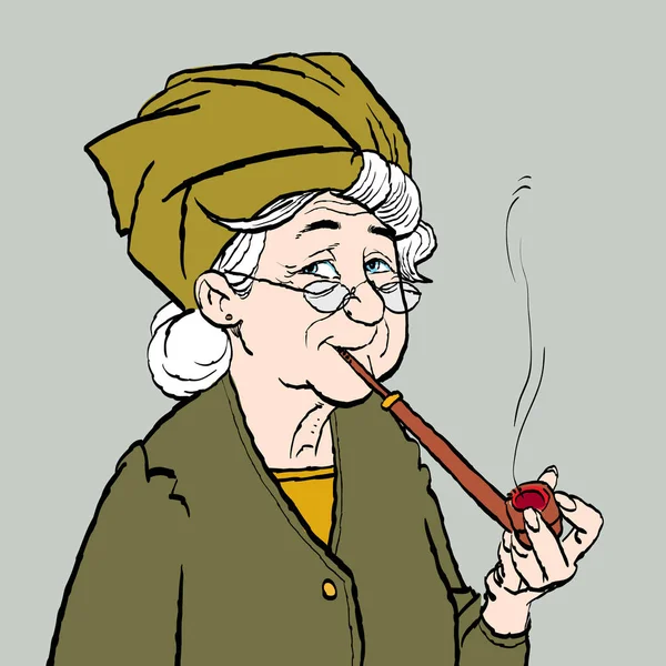 Großmutter raucht Tabakpfeife. Oma beim Pfeifenrauchen. — Stockvektor
