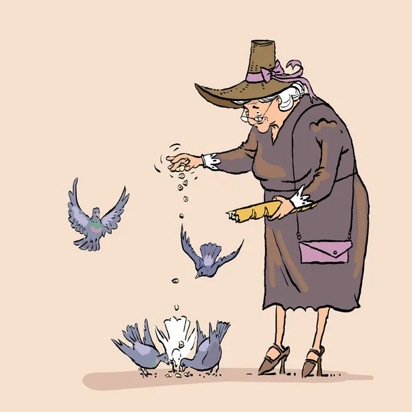Seniorin, die Vögel füttert, alte Dame, die täglich aktiv ist. Großmutter füttert Tauben — Stockvektor