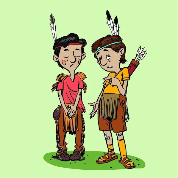 10 대들 이 인디언 복장을 하고 있다. 두 인디언 소년. — 스톡 벡터