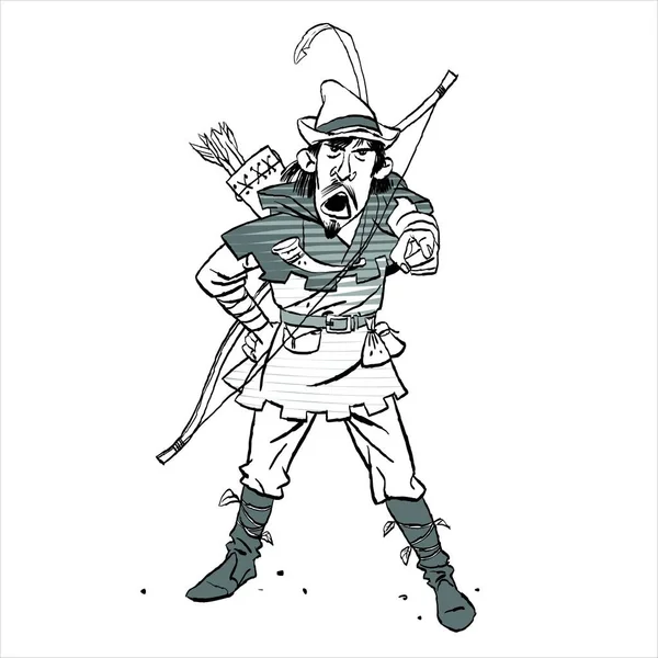 Robin Hood mit Hut und Feder. Komischer Robin Hood. Mittelalterliche Legenden. Helden mittelalterlicher Legenden. Halbtonhintergrund. — Stockvektor