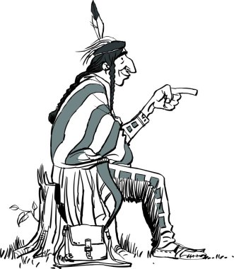 El çizimi, Amerikan yerlileri oturuyor. Komik Hintli adam işaret ediyor.
