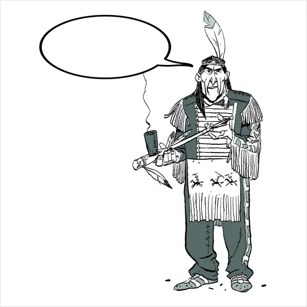 Ο Ινδιάνος αρχηγός καπνίζει πίπα. Παλιά ινδική στάση. — Διανυσματικό Αρχείο