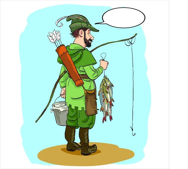 Robin Hood med fiskespö i rosett. Robin Hood är pensionerad. Medeltida legenders hjältar. — Stock vektor