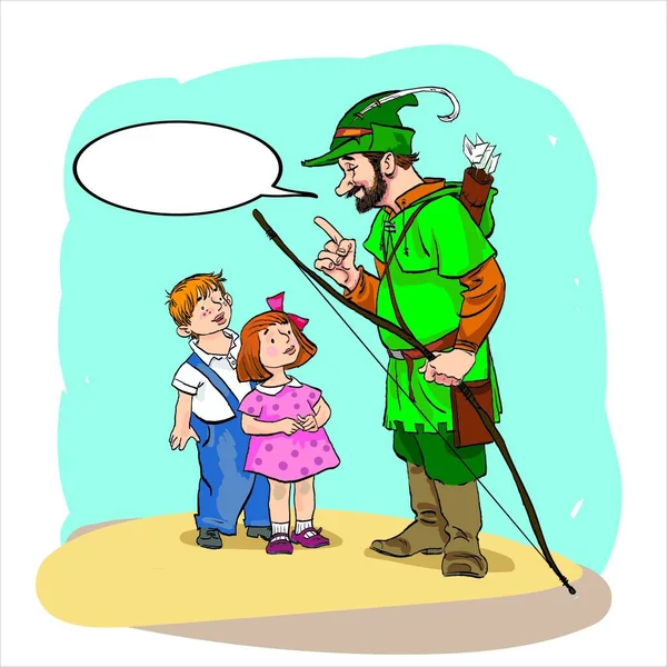 Robin Hood ok ve yayla ayakta duruyor. Robin Hood çocuklara öğretiyor. Robin Hood emekliye ayrıldı. Ortaçağ efsaneleri. — Stok Vektör
