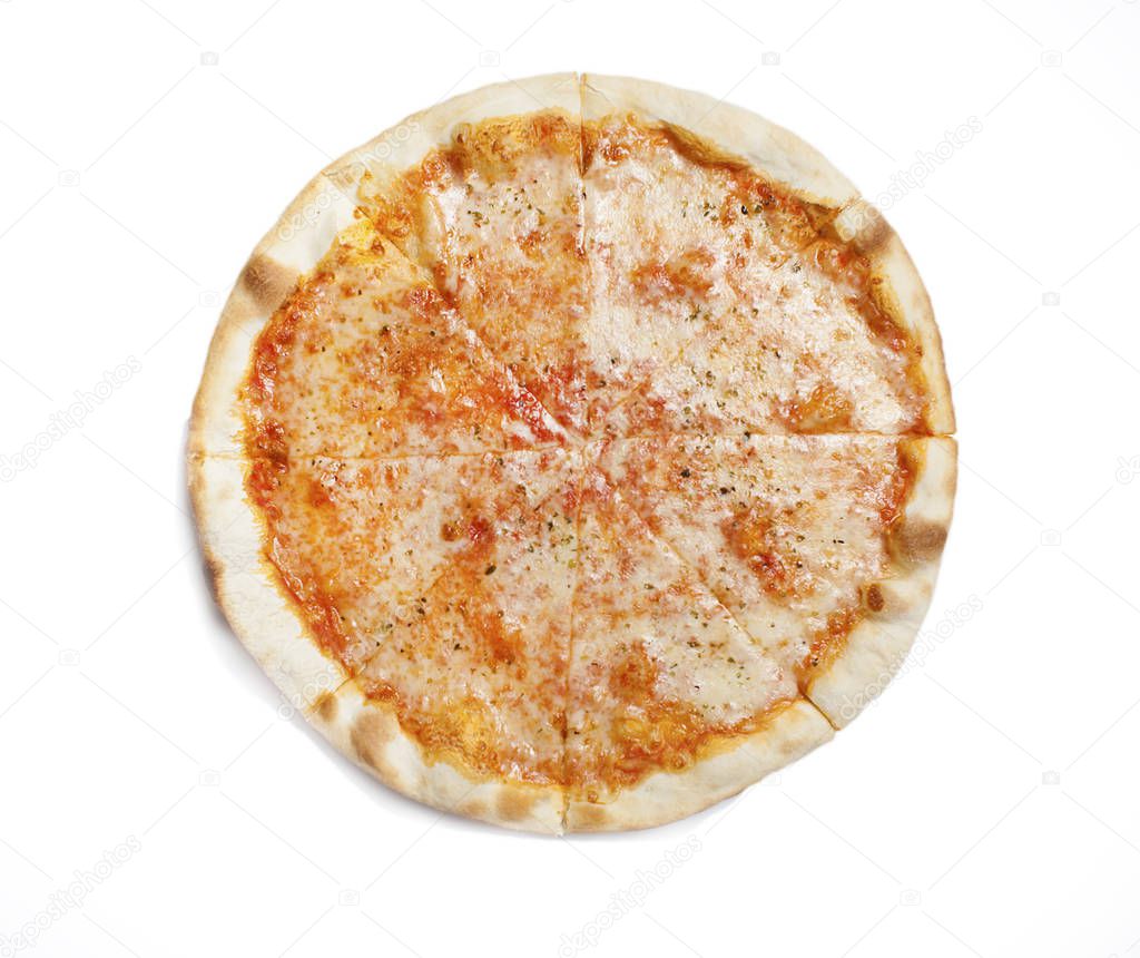 Margarita pizza isolated on white, top view, flat lay