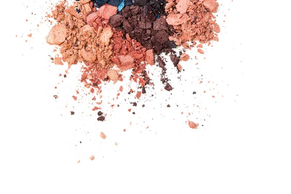 Nötr renkli kırık far paleti beyaz bir arka plan üzerinde izole makyaj. Üstten görünüm, düz yatıyordu. Metniniz için kopya alanı